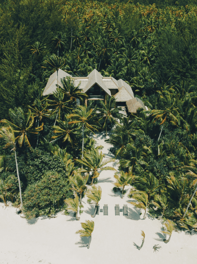 Aerial view of a private French Polynesian villa surrounded by palms