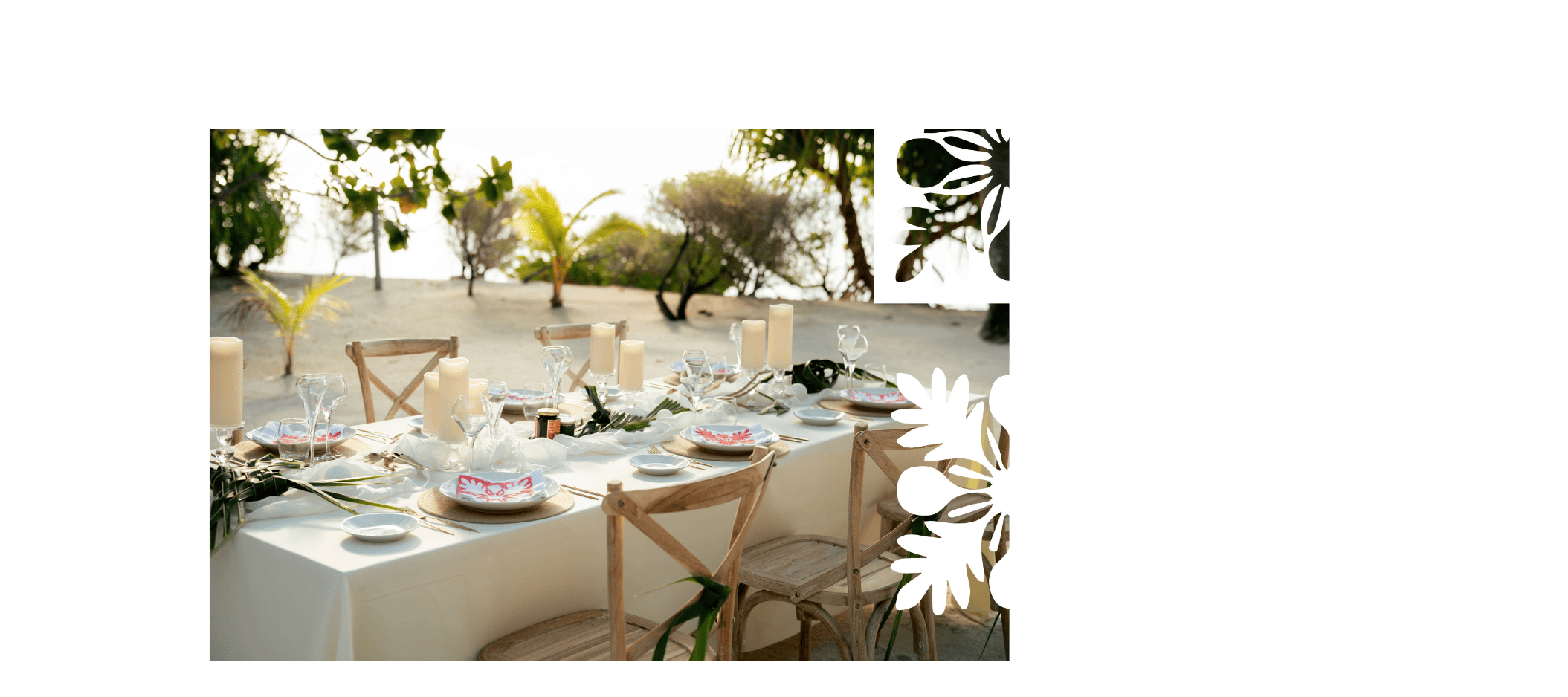 An elegant outdoor dining setup on the shores of Tetiaroa, with tropical decor and traditional Polynesian motifs.