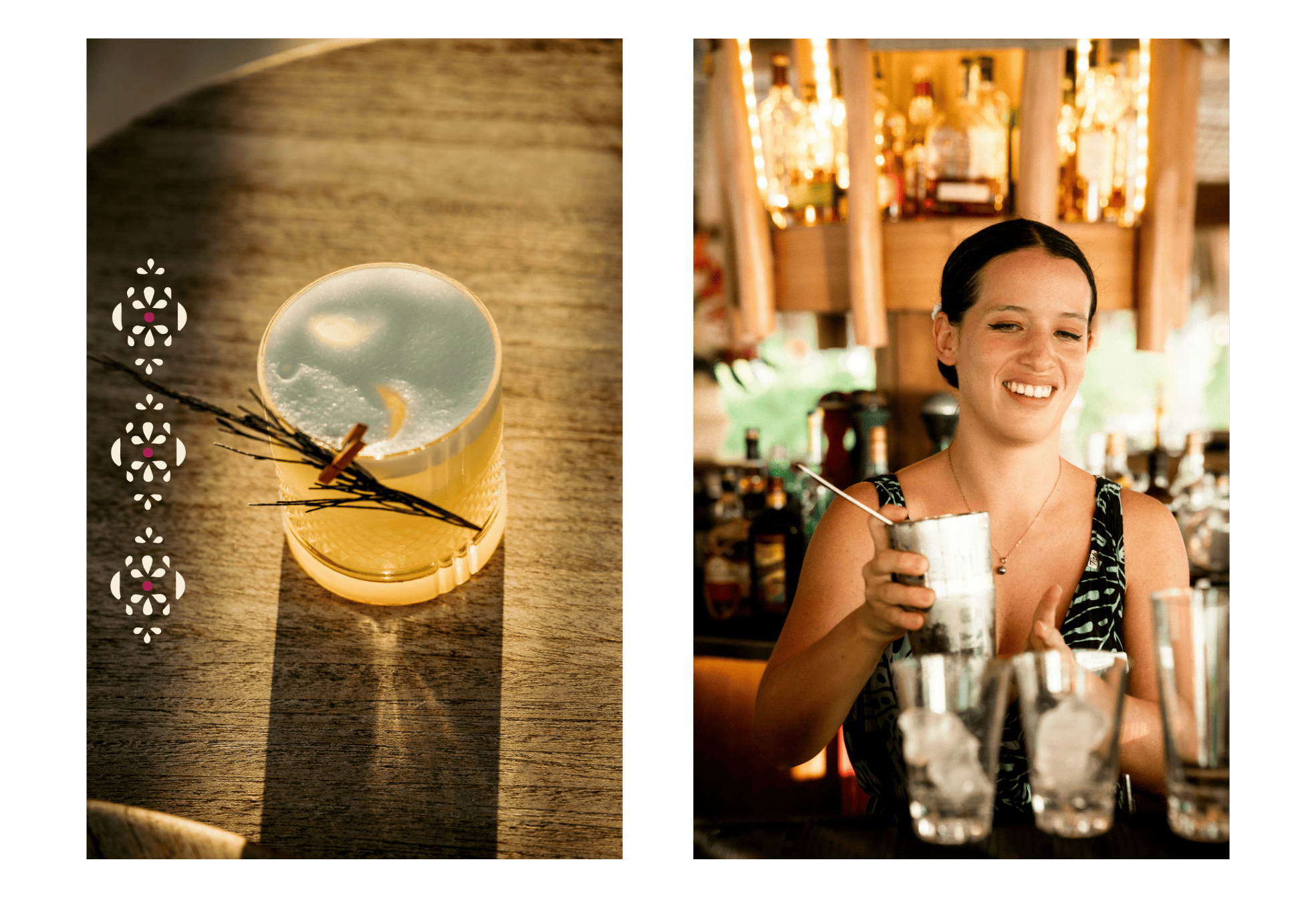 A crafted cocktail garnished with herbs on a wooden table and a bartender smiling while mixing drinks at The Brando.