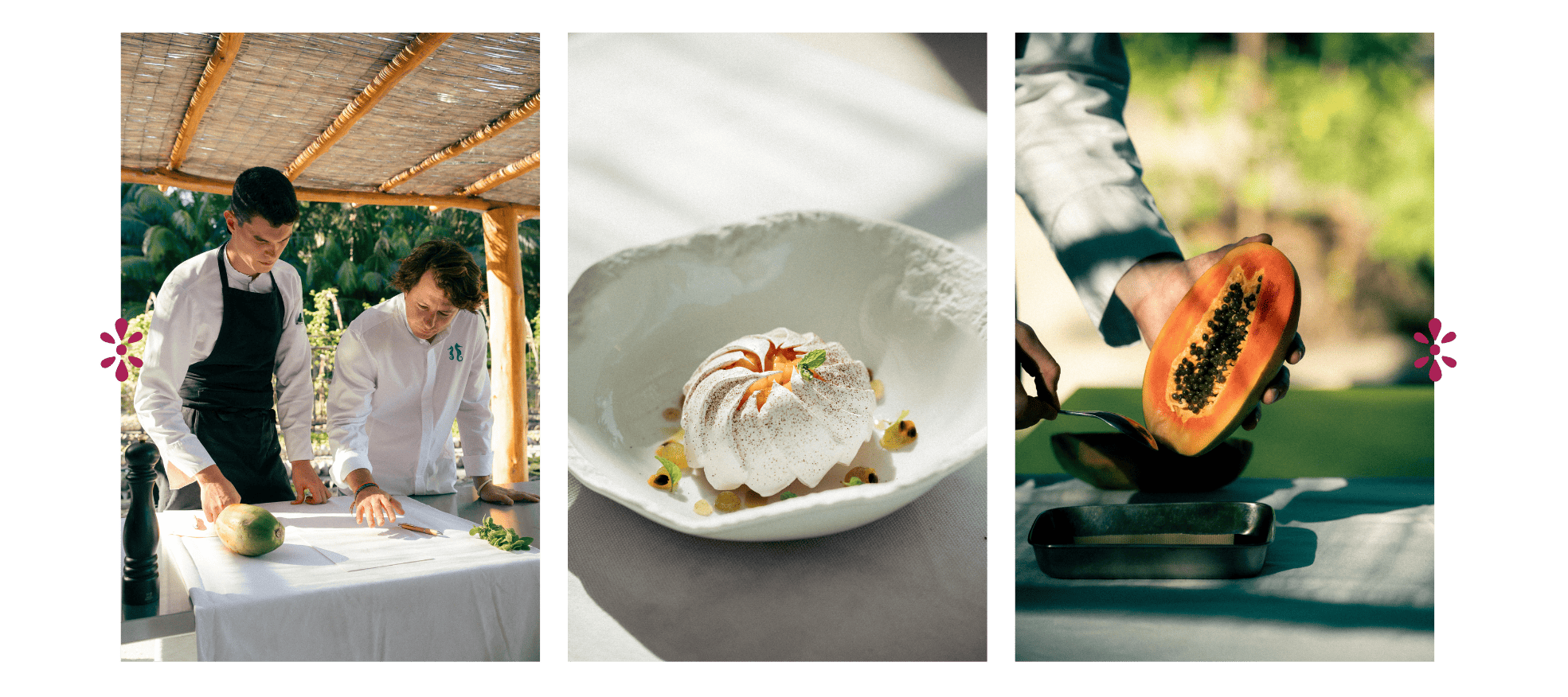 Chef Jean Imbert & Chef Camille preparing dishes with fresh tropical ingredients, including papaya, at The Brando resort in Tetiaroa.