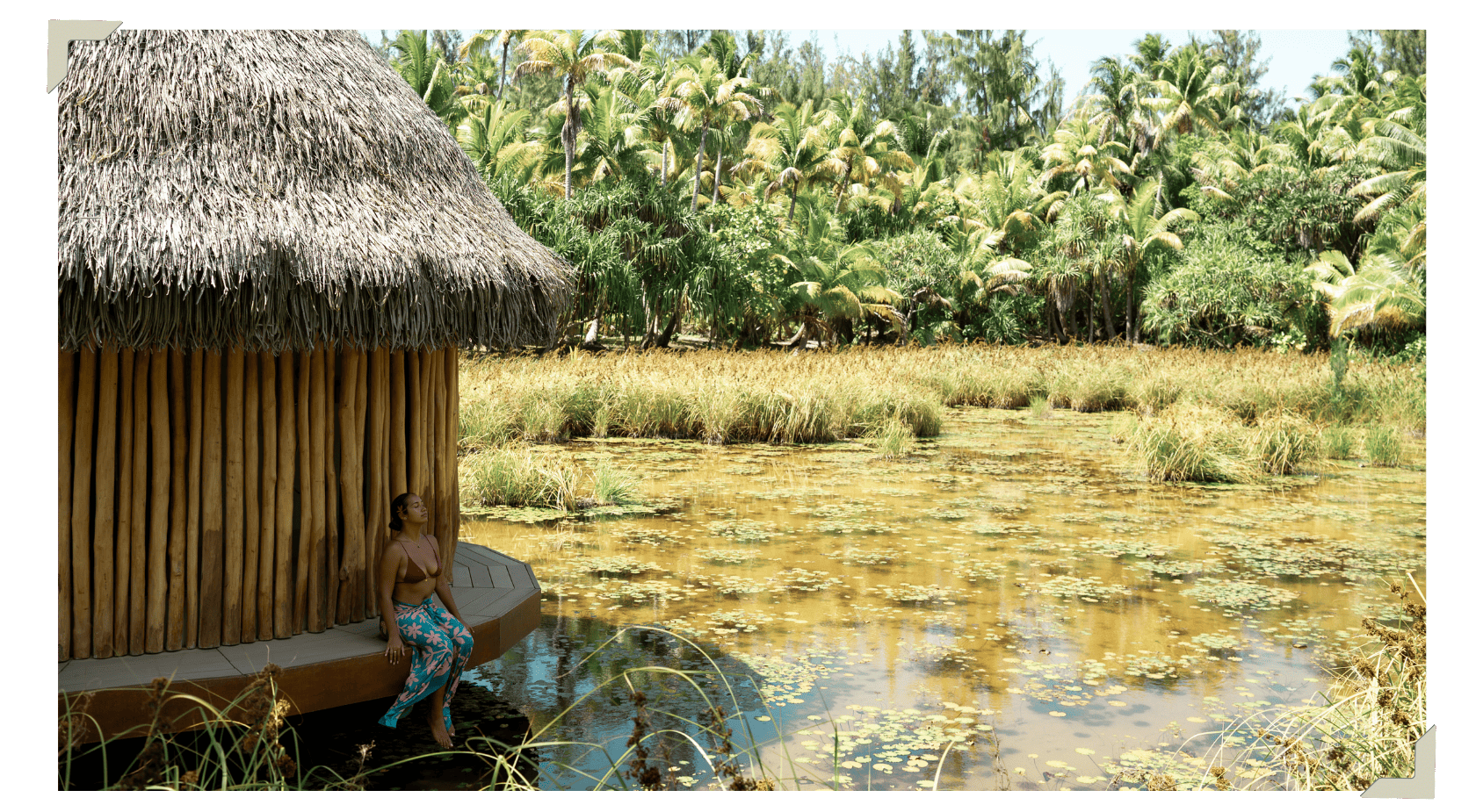 A woman relaxes by a traditional Polynesian hut overlooking a serene pond surrounded by lush greenery on Tetiaroa.